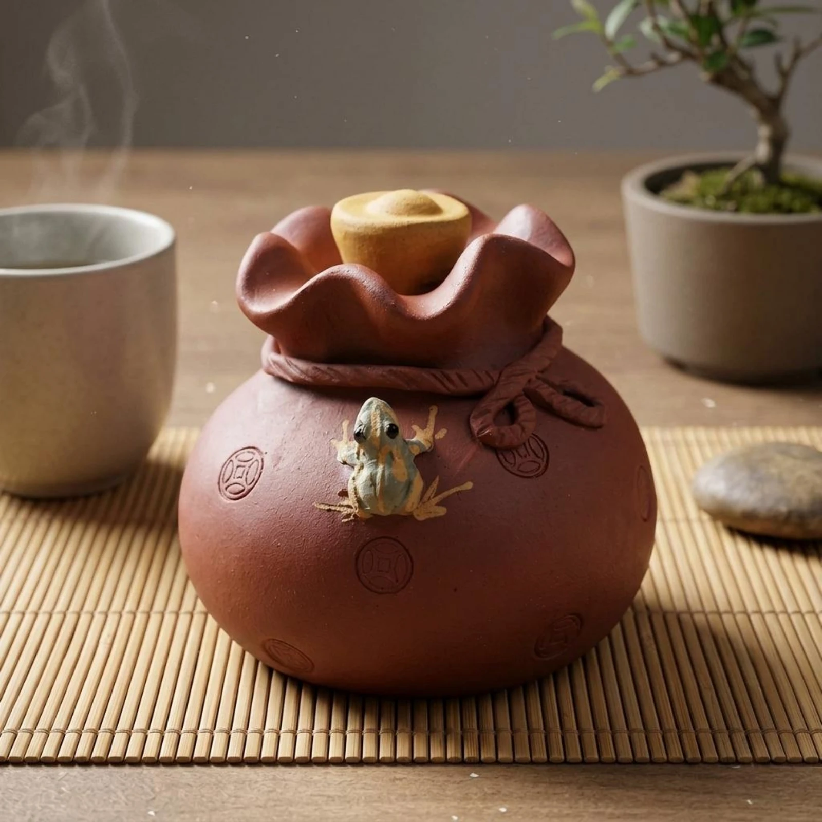 Yixing Clay Frog Tea Pet Ornament Small Hand-crafted Drawstring Pouch Figurine for Tea Table Relaxing Ambiance