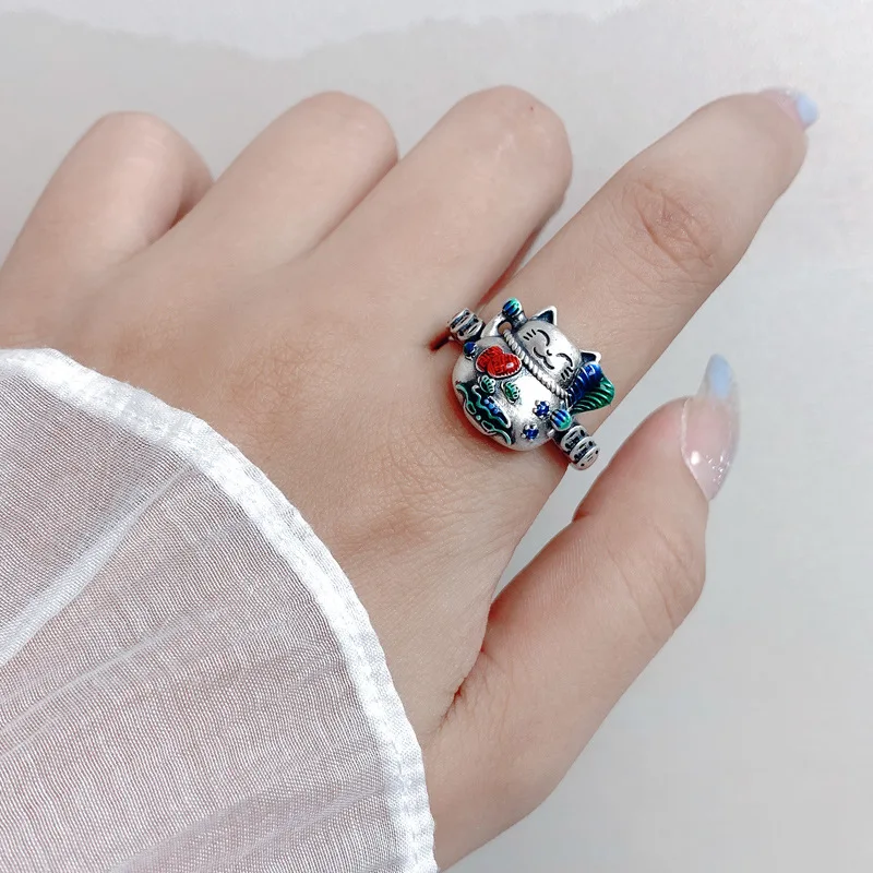 Ethnic Style 925 Silver Classic Pastoral Style Cat Rings for Women Vintage Cloisonne Enamel Small Red Heart-shaped Ring Jewelry