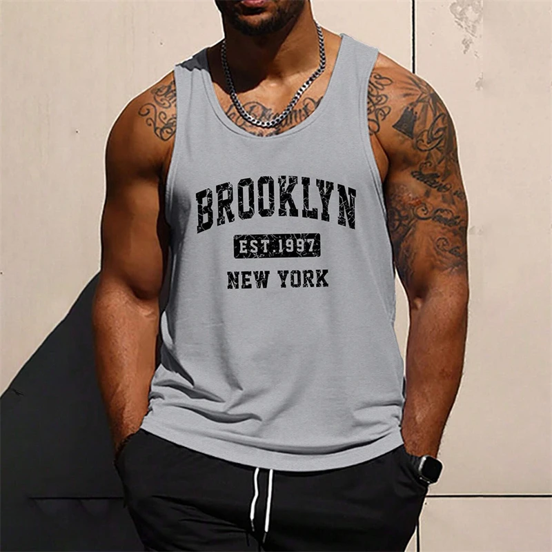 

Простые модные топы на бретелях с буквами Brooklyn для мужчин, трендовый летний жилет без рукавов с 3D принтом, свободная уличная одежда, дышащие топы для спортзала
