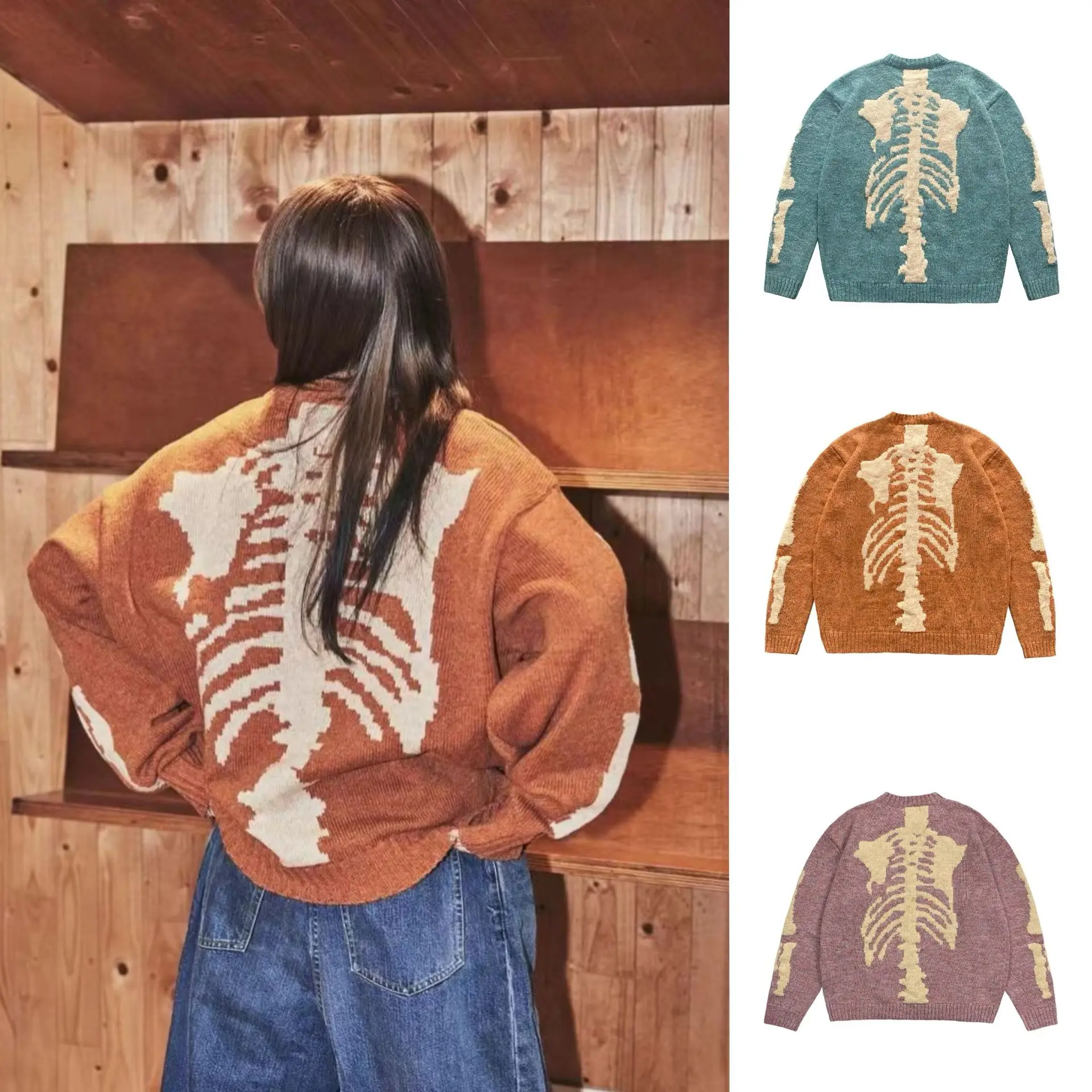 Kapital Vintage Hirata Hiroshi Skeleton Pullover Bone Round Neck Ethnic Knitwear Japanese Printed Loose Sweater for Men