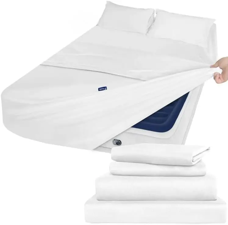 

Extra Deep Pocket Air Mattr Twin Sheet Set White - 4 Piece Set Side Storage Pocket Fitted Sheet & Pillowcase & Flat Sheet -