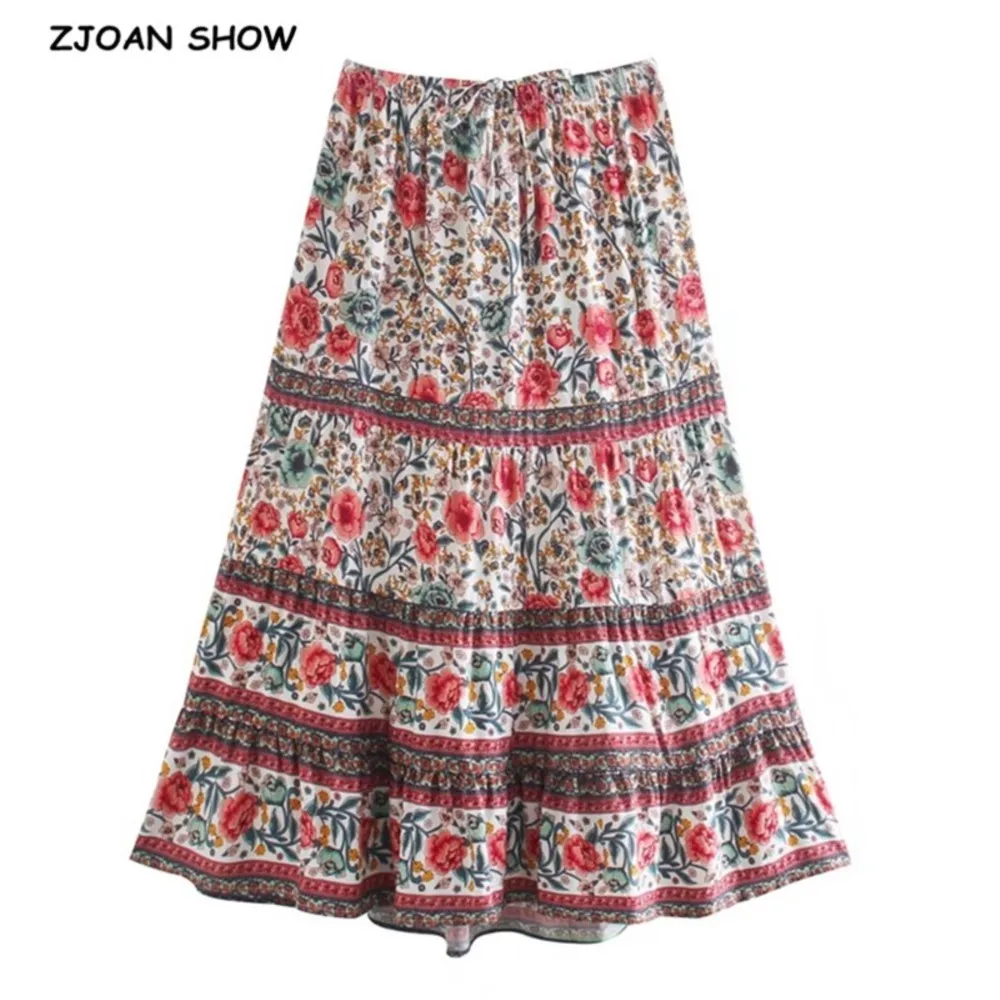 

Bohemian Floral Print Long Skirt BOHO Stitching Ruched Ruffle Hem Holiday Women Adjust Stream Waist Swing Skirts Beach 3 Colors