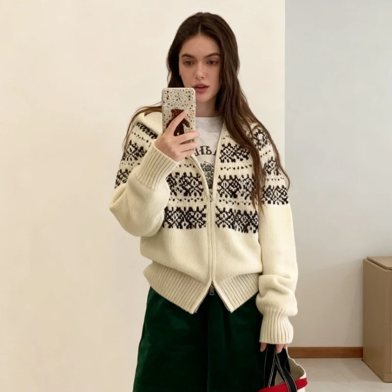 الرجعية الحلو الكورية الجاكار مقنعين محبوك المرأة سترة معطف الخريف الشتاء موضة عادية اللون التباين سستة سترة جديد #1