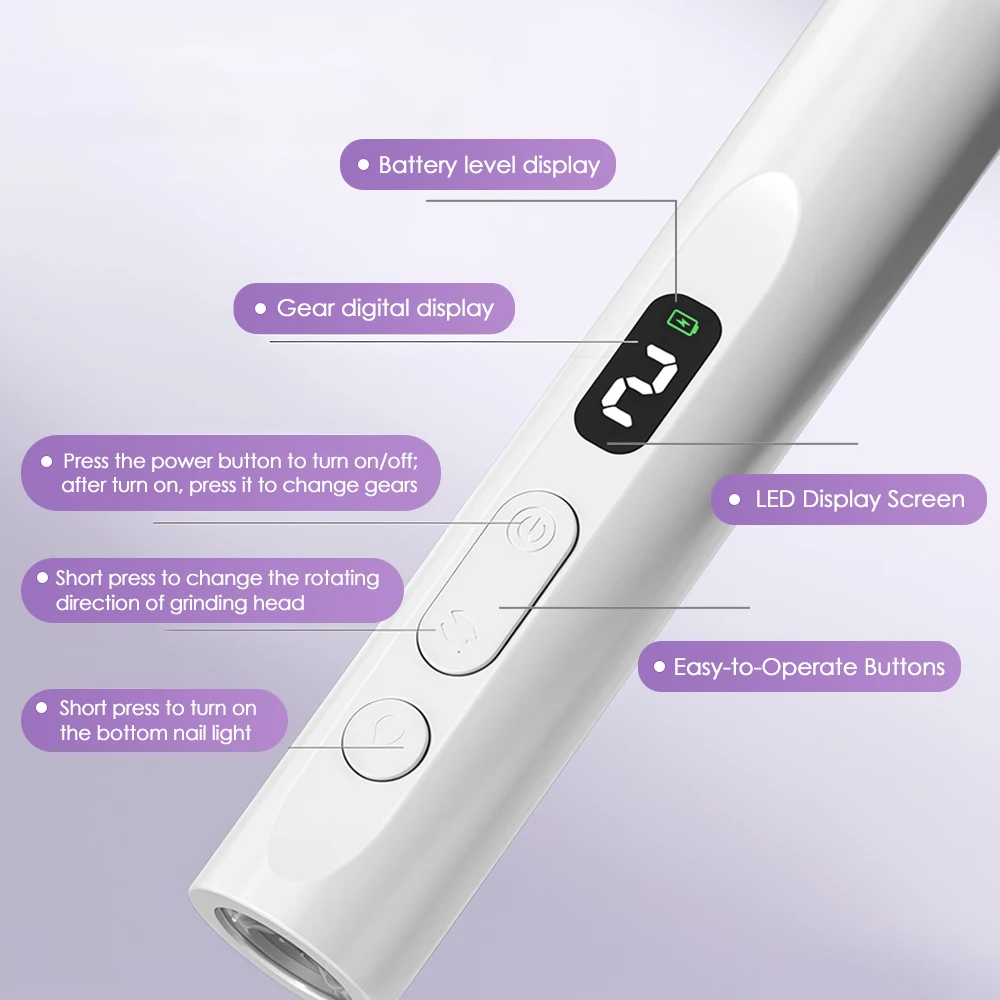 Trapano elettrico per smalto 6 in 1 con luce a LED, strumenti per penna per manicure elettrica senza fili, smerigliatrice per unghie per rimozione gel