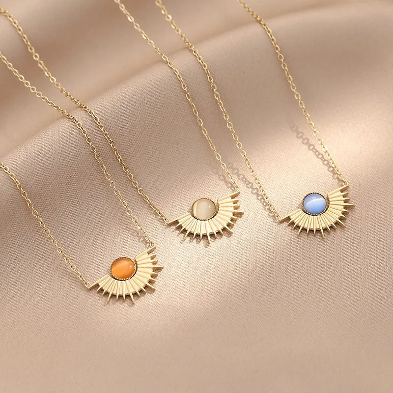 Classic Boho Natural Opal Sunflower Necklace women Luxury Stainless Steel Choker Fashion Design Pendant Jewelry Accessories Gift