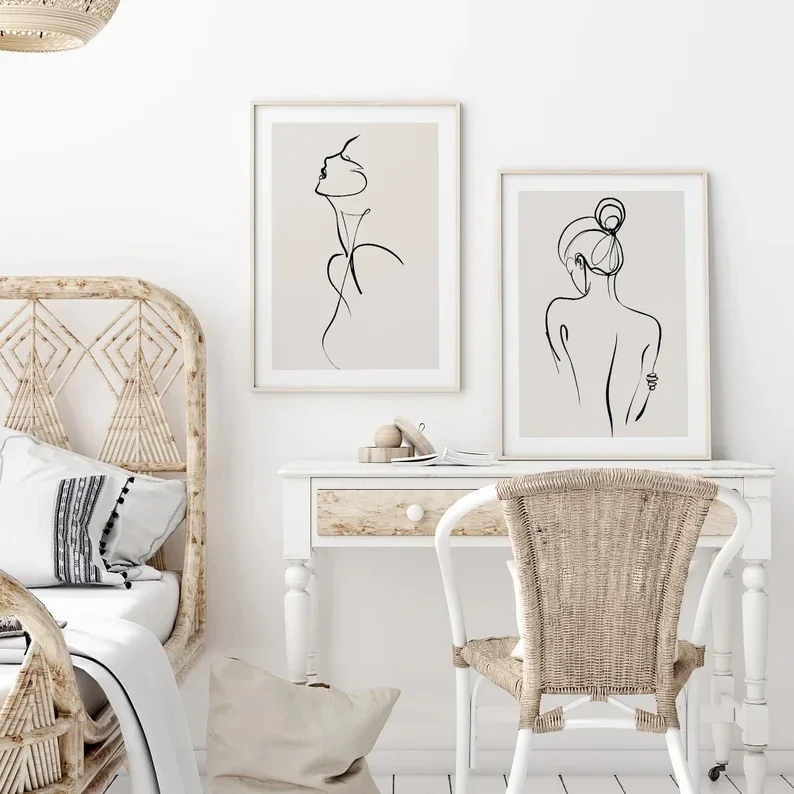 خط واحد الحديثة فتاة عارية صورة ظلية خط الشكل رسم قماش اللوحة الحد الأدنى امرأة خط الفن بوهو ديكور المنزل #3
