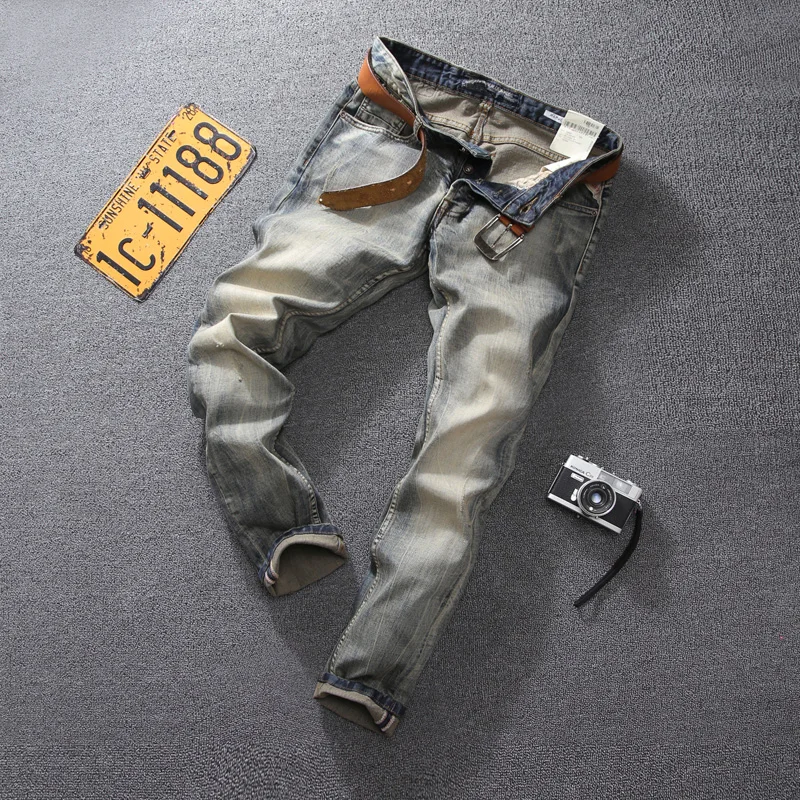 Fashion Designer Men Jeans High Quality Retro Washed Stretch Slim Fit Ripped Jeans Men Buttons Fly Vintage Denim Pants Hombre