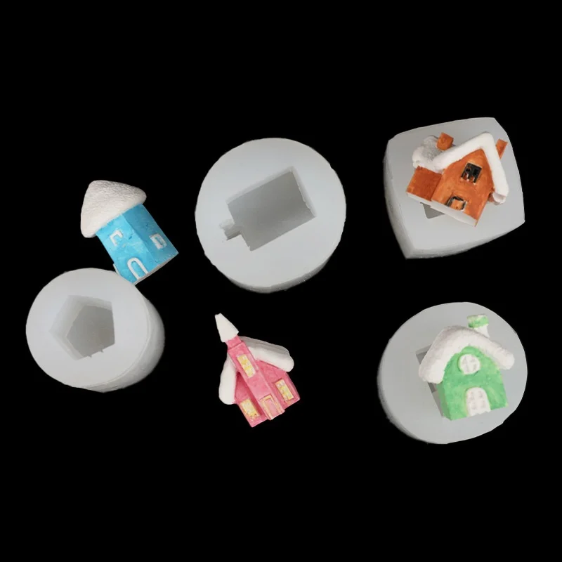 DIY Fondant Chocolate Cake Decor Mould 4Styles 3D House Silicone Mold Set Resin Plaster Aromatherapy Candle Craft Baking Tool 4