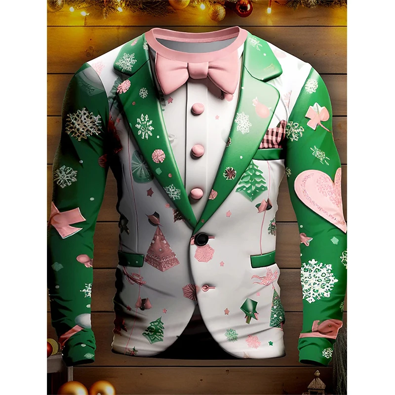 Traje con patrón de copo de nieve de Navidad para hombres y mujeres, Camiseta con estampado 3D, camisetas de manga larga con cuello redondo,