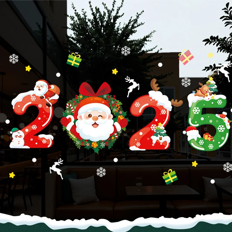 2025 New year Merry Christmas wall Window Stickers Elk Santa Claus Window Clings Decal Christmas Decoration For Home Navidad