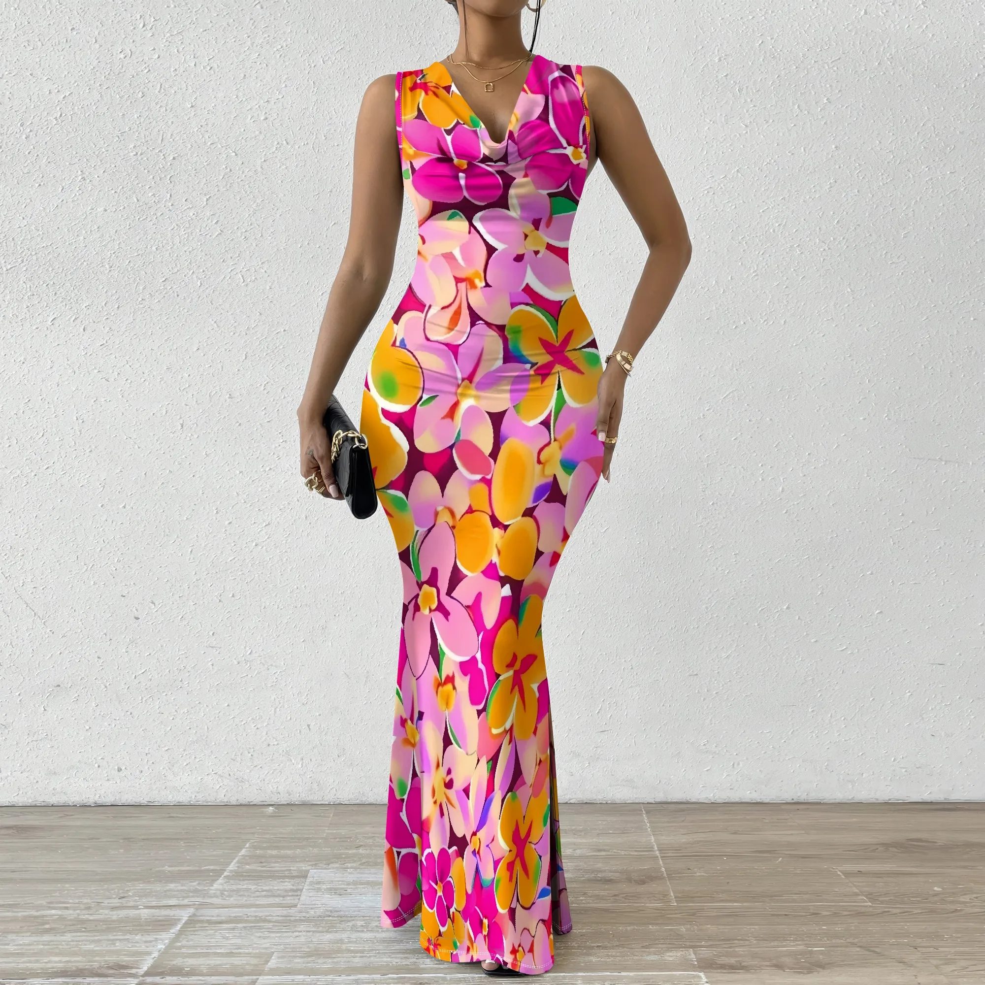

Tropical Floral Bodycon Maxi Dress Hot Pink Orange Sleeveless V-Neck Summer Beach Party Vacation Outfit XS-2XL