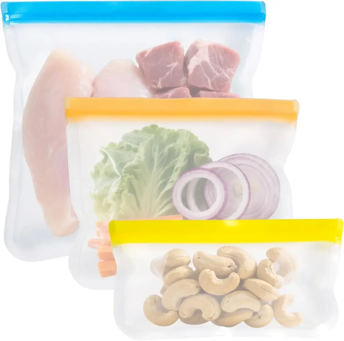 

Reusable Silicone Food Bags, Leakproof & BPA Free, 3-Pack for Snacks, Fridge, Freezer, Travel, Kitchen Organization