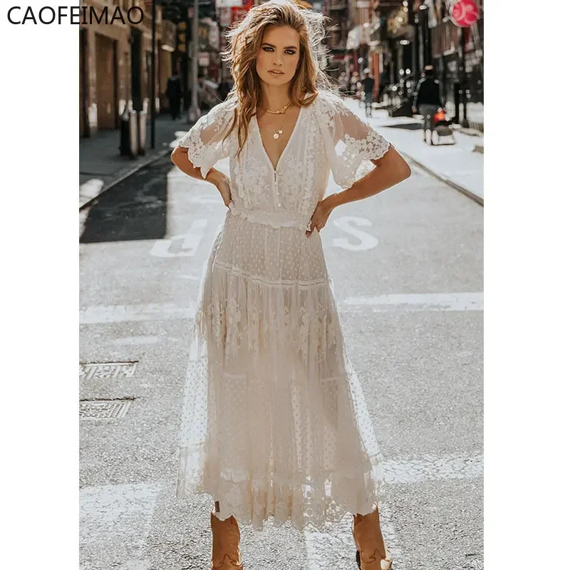 

Платье с коротким рукавом с V-образным вырезом Dress Summer Beige Lace Patchwork Pleated French Short Sleeve Cake Dress Vestidos