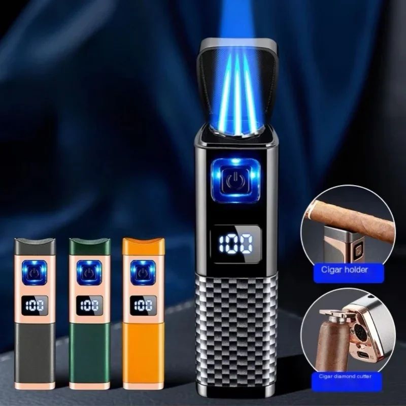 2024 Multi functional Windproof Three Flame Cigar Lighter Visual Gas Window Digital Battery Display Gas Type-C Electric Lighters