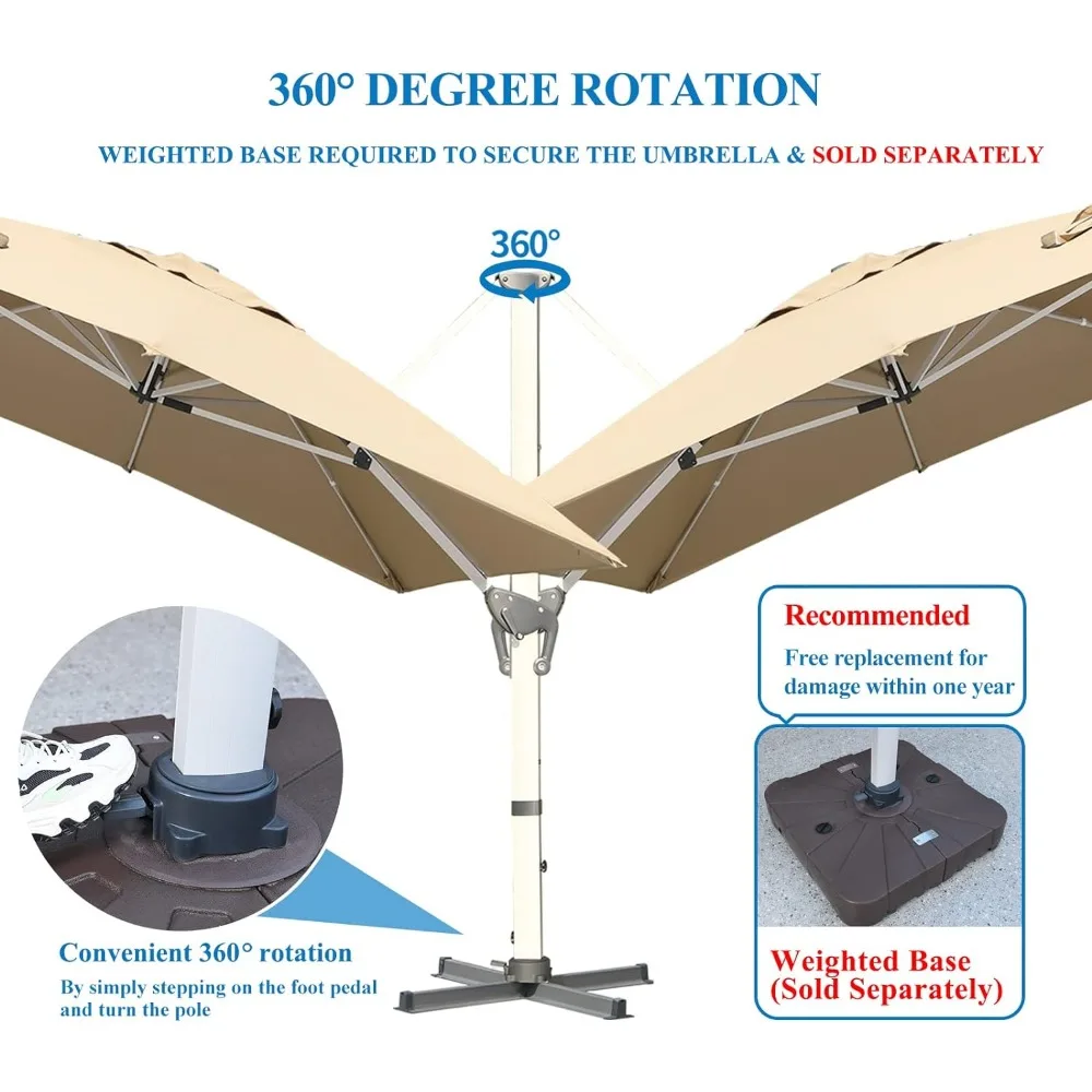 Guarda-chuva cantilever retangular com base cruzada, resistente, pátio grande, offset ao ar livre, rotação de 360 graus, 10x13FTL