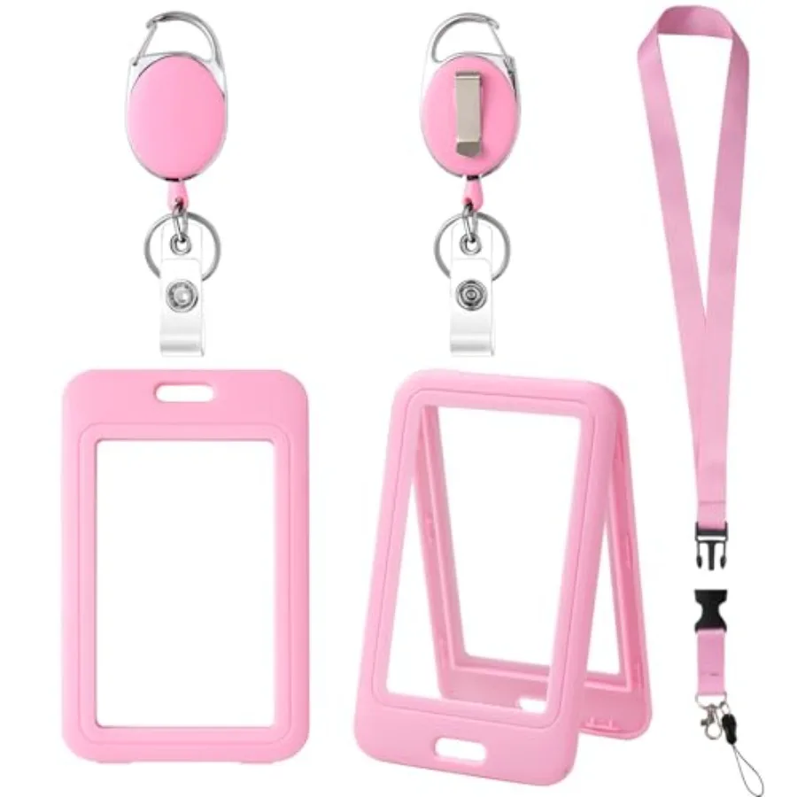 ID Badge Holder with Retractable Reel and Detachable Lanyard Clip, Card Holder, Easy-Release Buckle, Key Card Protector for Off