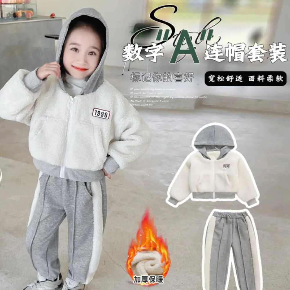 Autumn Winter Cartoon Casual Thicken Sports Shirt 2-Piece Set Kawaii Girl Keep Warm Hooded Zip-Up Jacket Tops Pants Set Student