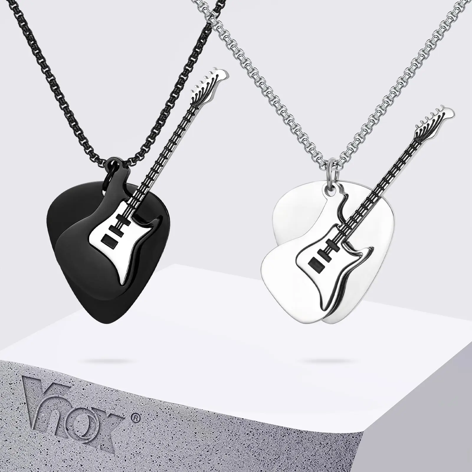 Vnox Guitar Pendant Necklace for Men, 2mm Width Box Chain Punk Necklace, Black Silver Color Stainless Steel Jewelry Gift for Him
