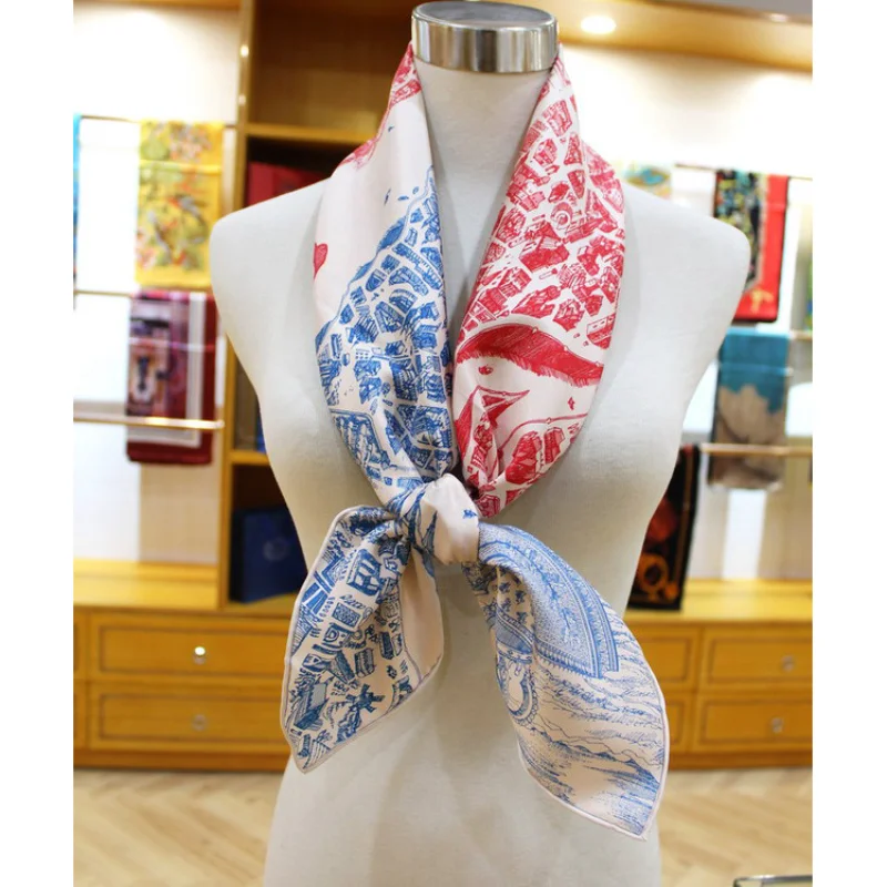 

High-end Elegant Women's Exquisite City of Horses Printed Quality 18MM Twill Silk Hand-rolled Edge Versatile Square Scarf Shawl