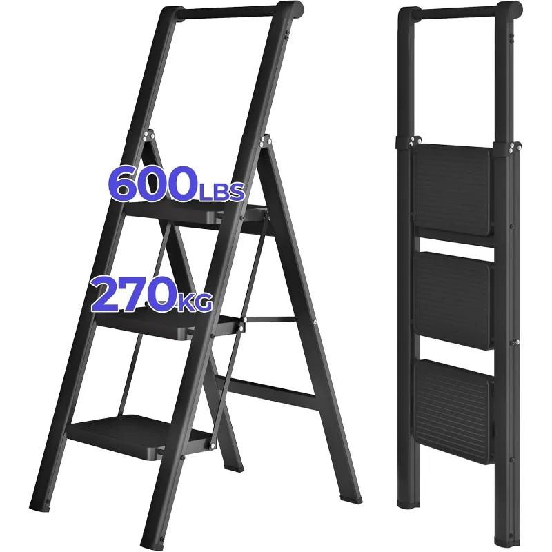 Step Ladder Foldable Step Stools for Adults withWide Anti-Slip Pedal, 600lbs Lightweight Sturdy Steel Ladder,Convenient Handgrip