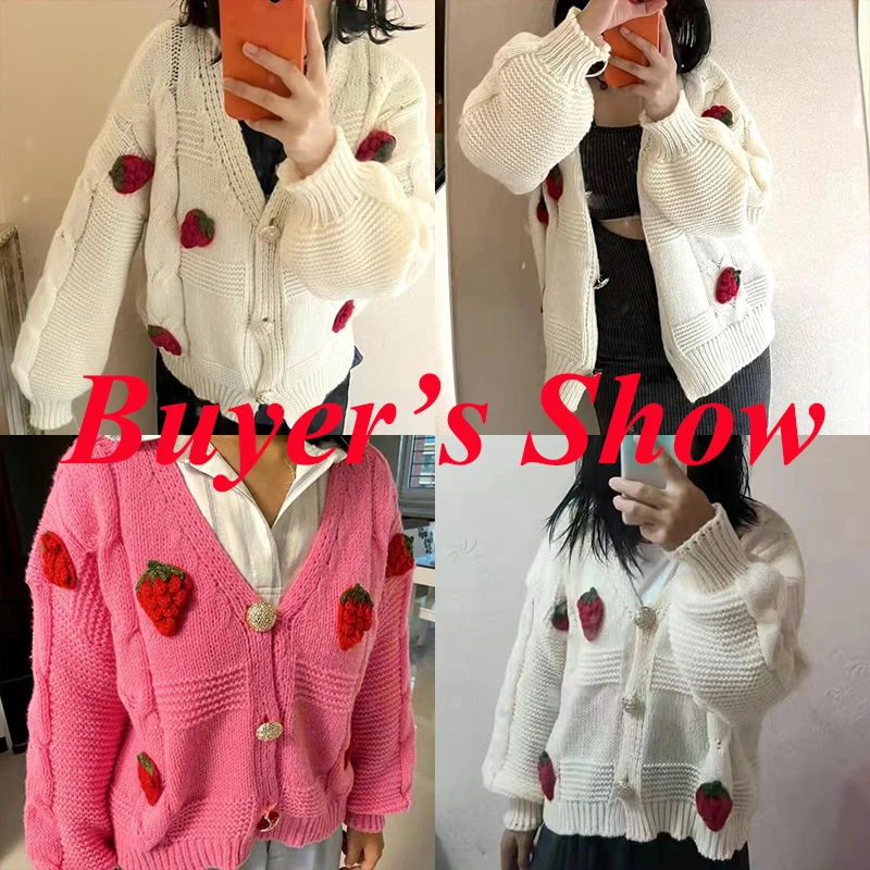 Korean Fashion Pink Strawberry Sweaters for Women Autumn Winter 2022 Long Sleeve Knitted Woman Cardigan Single Breasted Jackets