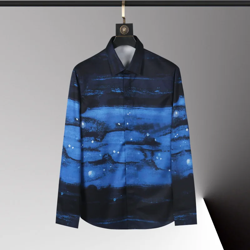 Artistic Starry Sky Printed Long Sleeve Shirt Men Comfortable Versatile Casual Business Shirts Banquet Party Camisa Masculina