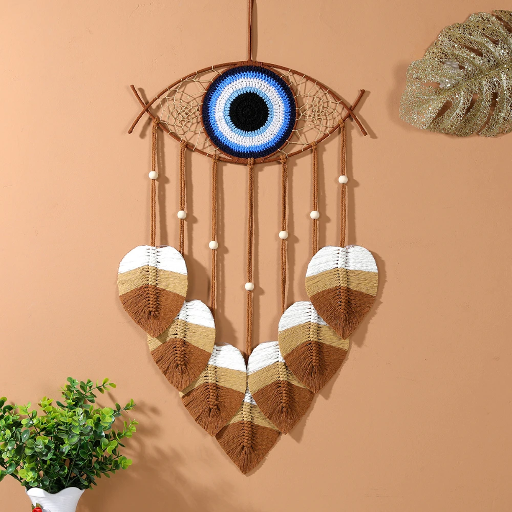 Blue Evil Eye Dream Catcher with Macrame Leafs Handmade Dreamcatchers Wall Hanging Decoration for Home Bedroom Living Room Gift