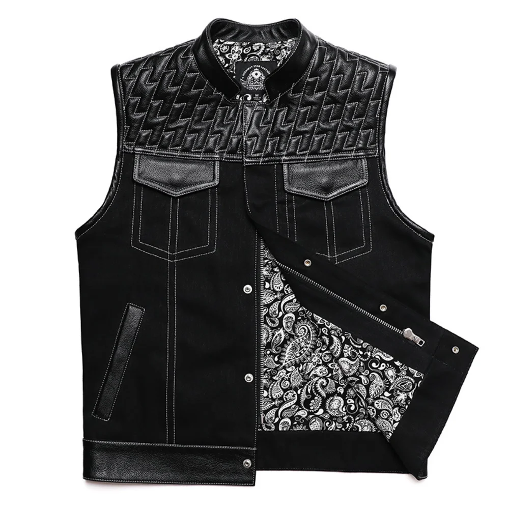 Club SOA Style Motorcycle Leather Vest Men Cowhide Denim Patchwork Waistcoat Sons of Anarchy Biker Vests Man Sleeveless Jacket