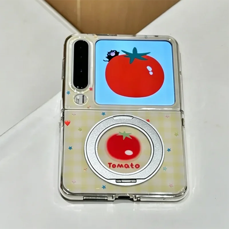 Zflip7 Case Cute Star Red Tomato Pattern Rotatable Kickstand Phone Case For Samsung Galaxy Z Flip7 Z Flip6 Z Flip5 Cover