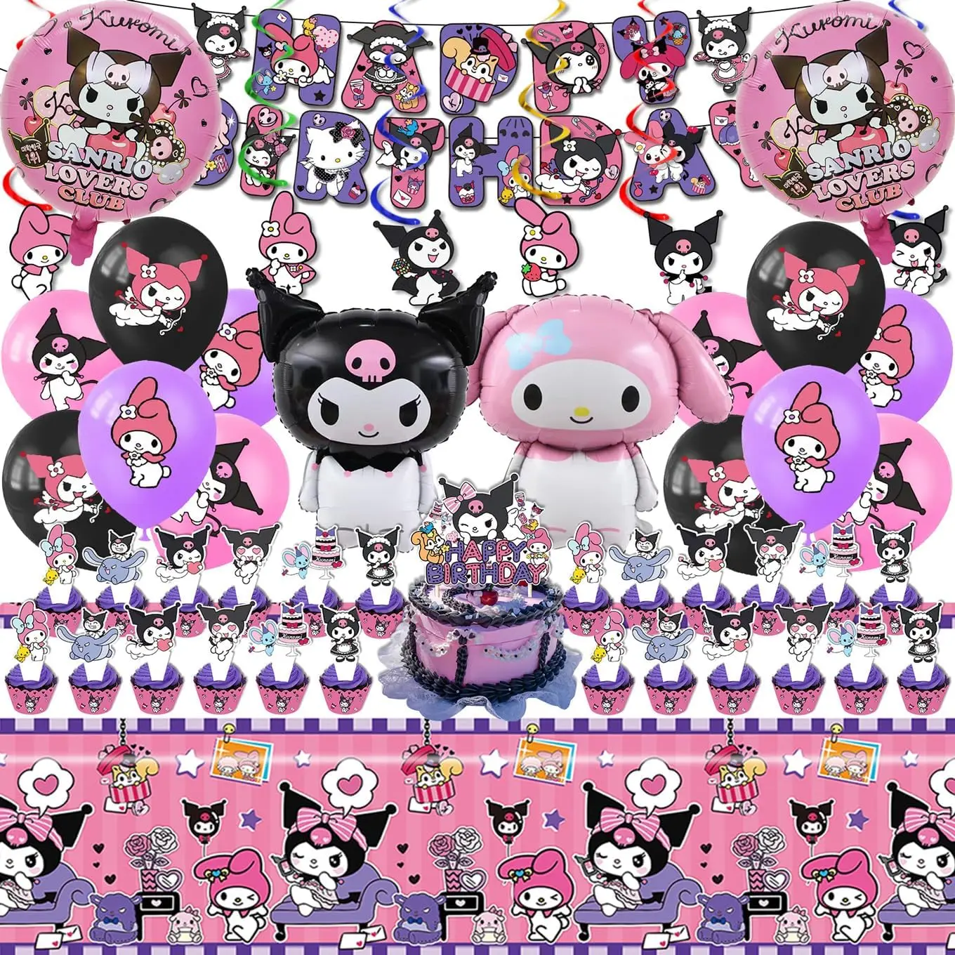 Kuromi Birthday Party Decoration Cartoon Kawaii Party Supplies Happy Birthday Banner Cake Topper 3D Balloon for Kids Girl Gifts