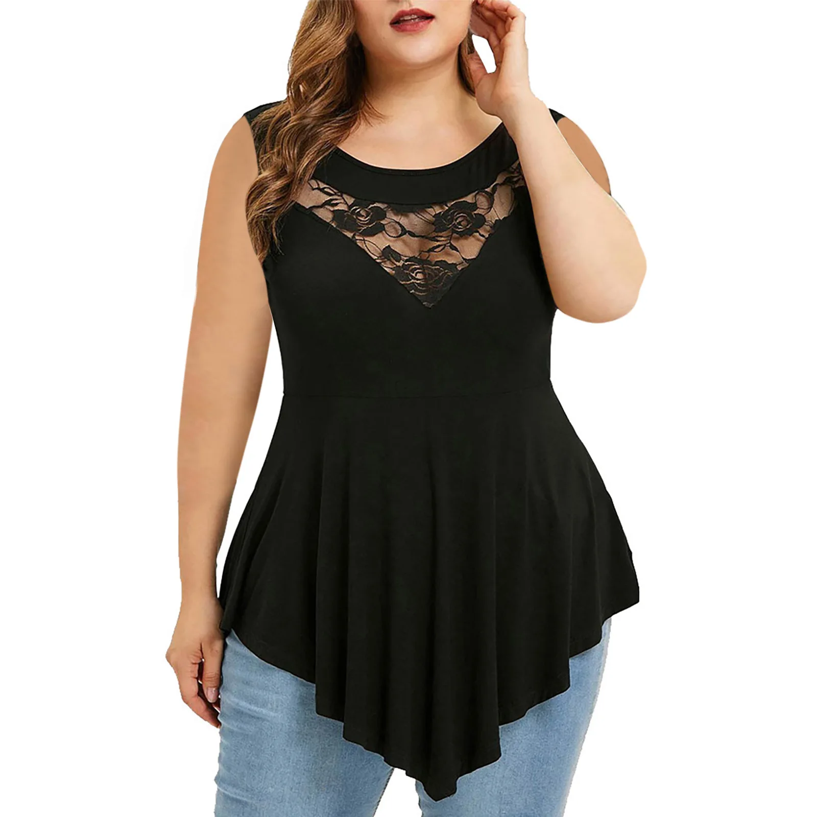 

Summer Sleeveless Fashion Irregular T Shirt Women Sexy Hollow Out Lace Flower Patchwork Tee Shirts Plus Size Casual Tops 4XL 5XL