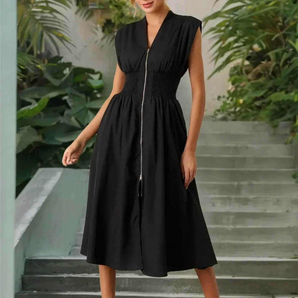 Robe d'été plissée sans manches pour femmes, fermeture éclair sur le devant, avec poches, ligne A, grand ourlet, robe de vacances Y2k