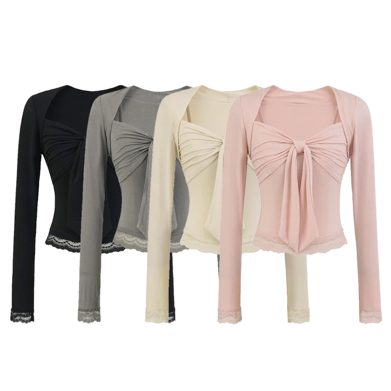 

Комплект из двух предметов с бантом, квадратный топ с длинными рукавами, модная одежда, эластичные новые женские топы, сексуальный пуловер, блузки, футболка