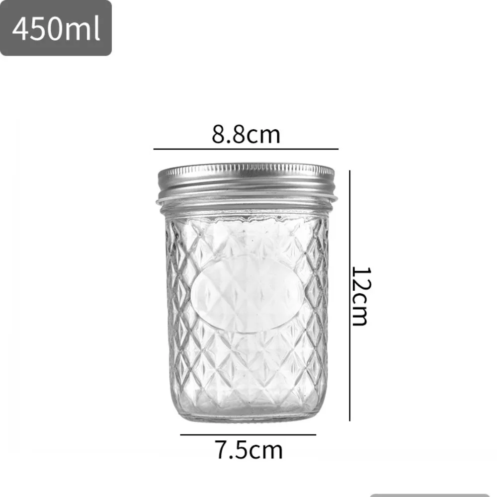 Transparent Mason Jar New Glass Labelable Transparent Glass Can Seal Diamond Pattern Jam Juice Bottle Fruit Juice