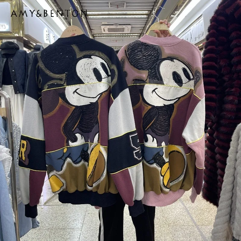 

European Style Trendy Heavy Industry Cartoon Top Cotton Fleece Baseball Jacket Ladies Autumn Winter New Style Loose Fit Overcoat