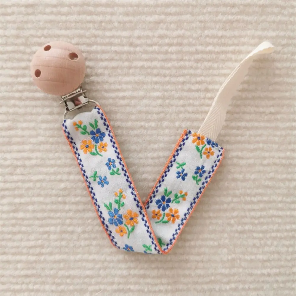 

Ethnic Style Baby Cloth Pacifier Chain Wood Adjustable Soother Holder Embroidery Floral Teether Toys Straps Nipple Holder Clips