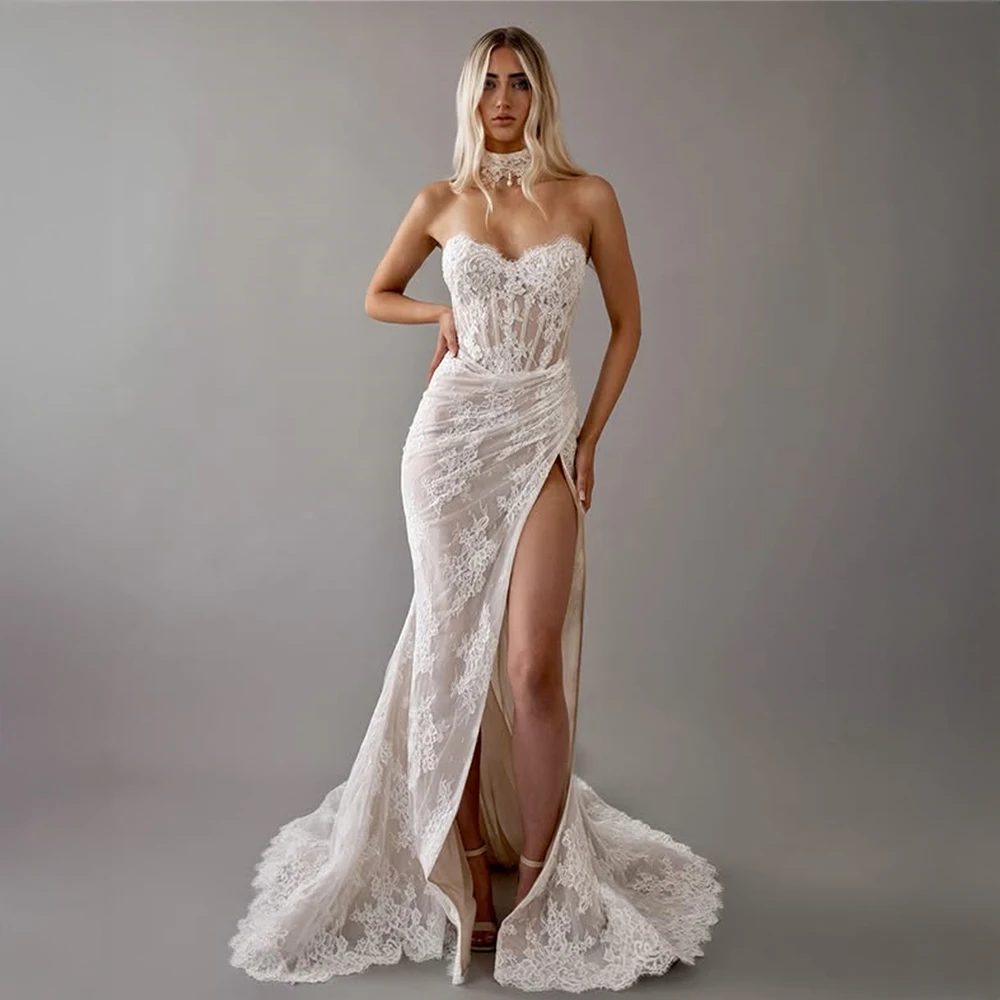 Customized Glamorous Strapless Lace Wedding Dress with Side Split Draped Detail Elegant Bridal Dress for Wedding Reception