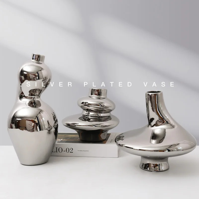 Nordic Plating Silver Vase Dried Flower Ornaments Electroplated Ceramic Vase Model Vases Living Room Home Decoration Gift