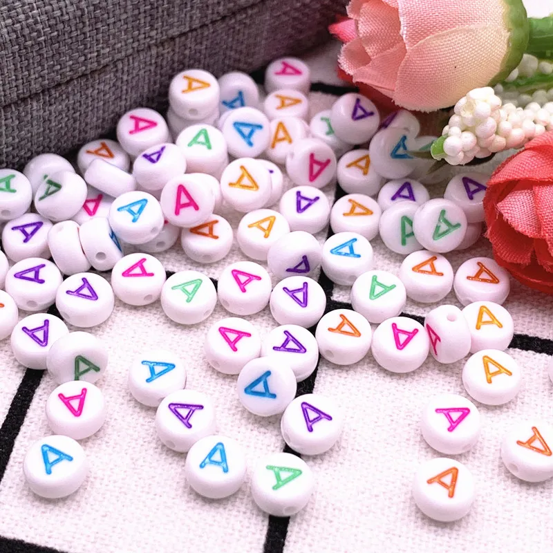 Imagen 4: Nuevo 100 unids/lote 7x4mm A-Z letras del alfabeto redondas coloridas cuentas espaciadoras sueltas acrílicas para fabricación de joyería accesorios de pulsera DIY
