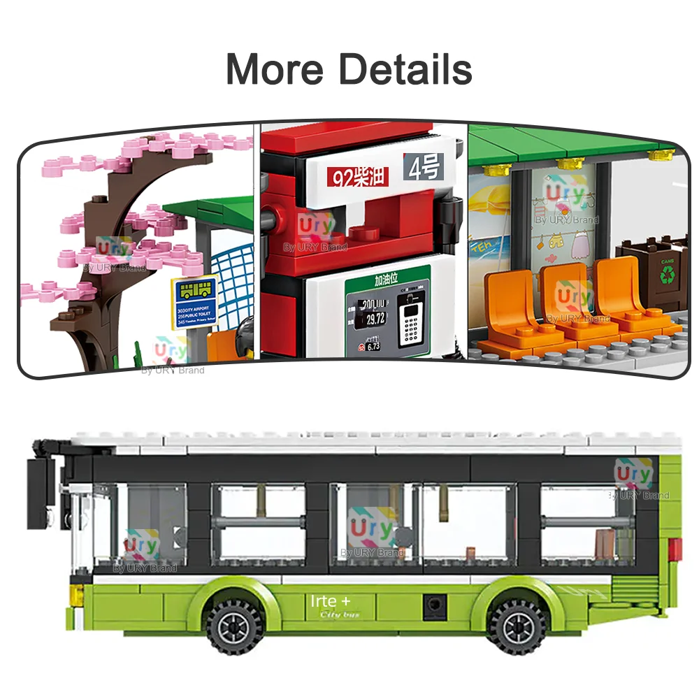 City Traffic Car Green Blue Passenger Bus Station Single-Deck Public Set Figures Model Building Blocks DIY Toys for Boys Gifts