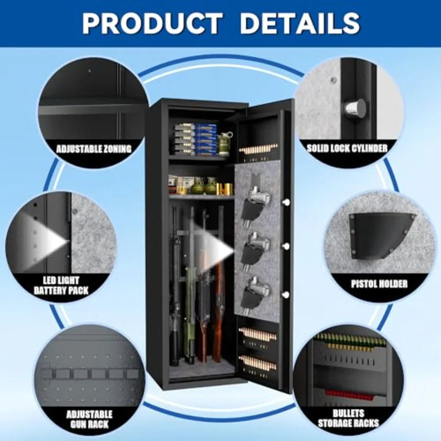 Gun Safe for 812 Rifles with Biometric Fingerprint Lock and 3Way Access Adjustable Rifle Racks HeavyDuty Steel Construction 57