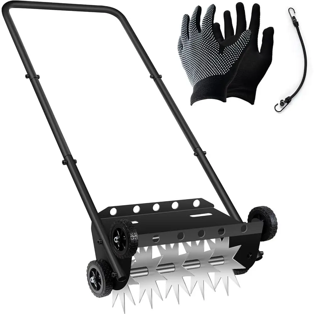 Push Spike Aerator Lawn Tool Heavy Duty 18 Inch Aeration Equipment 45 Inch Handle 4 Wheels Garden Yard All Terrain Soil