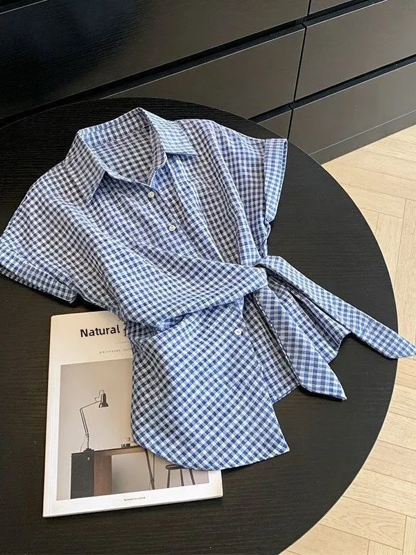 

Blue Checkered Shirt Women's Summer Slim Fit Short Sleeve Waist Cinched Tie Dye Large Size French Style Loose Fit Top