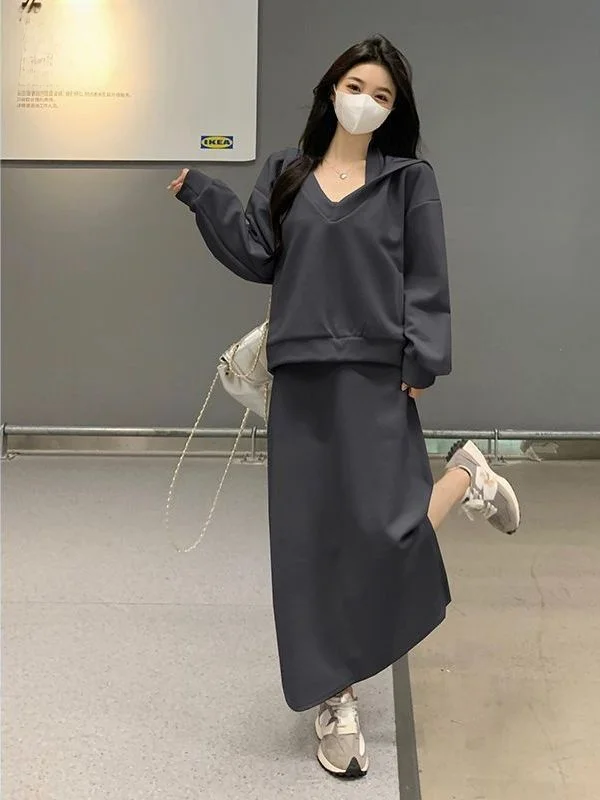Afashion 2026 New Korean Style High-End Autumn Winter Clothes Set Women's Early Spring Small Size Sweatshirt Dress Long Skirt