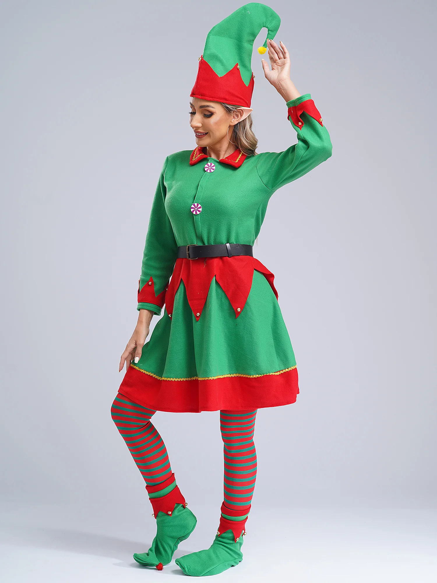 6Pcs Women Christmas Elf Costume Santa Helper Costume Set Velvet Dress with Hat Elf Ears Shoes Belt and Stockings Set Costume