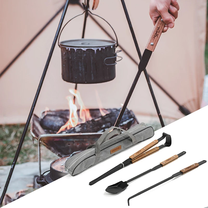 Outdoor Barbecue Equipment Fire Tongs Shovel Hook Clip Three-piece Anti-scalding Shovel Charcoal Camping BBQ Bonfire Tools