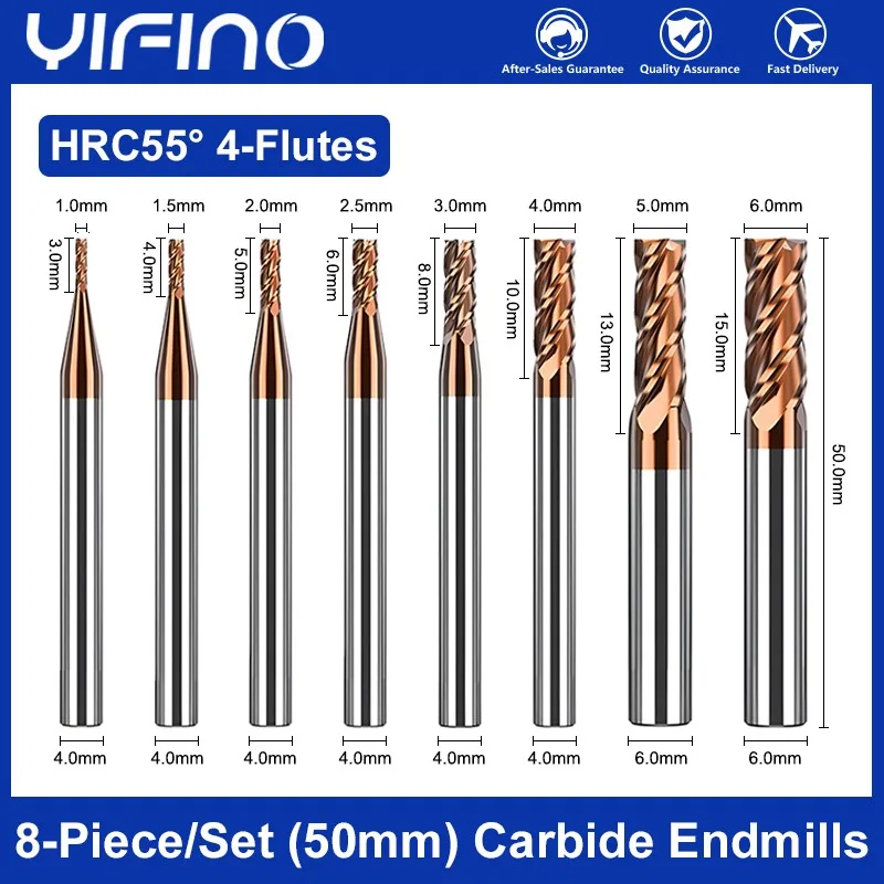 

YIFINO HRC55 Milling Cutter Tungsten Steel Carbide For CNC Mechanical Machining Endmill Tools 50mm Length 1.0-6.0mm(8-Piece-Set)