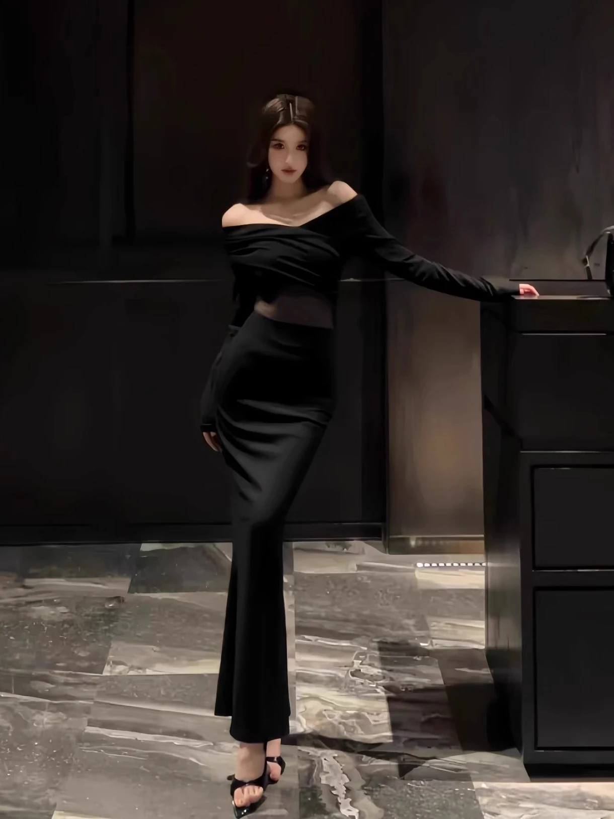 

Sexy One-oulder Long Sve Dr Netting Slim Fit Butt Covering Bla for Autumn Winter Women's Clothing Casual Par Dr