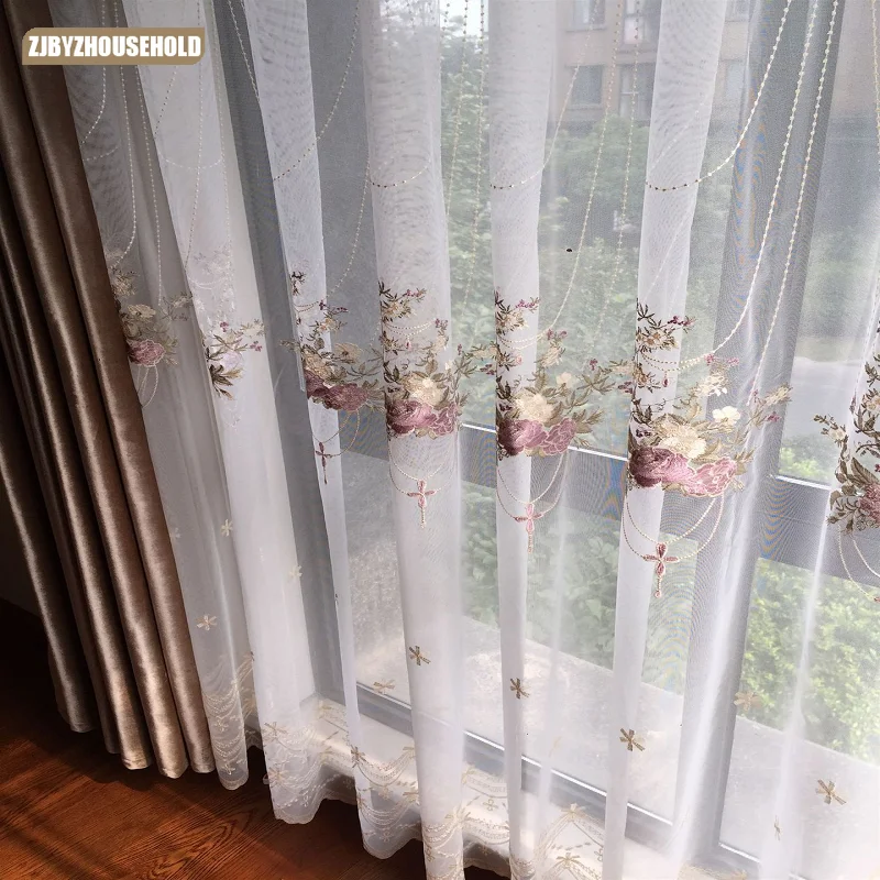 

French Curtains for Living Room and Bedroom Romantic Embroidered Tulle Screen Pastoral Hanging Basket Finished Product