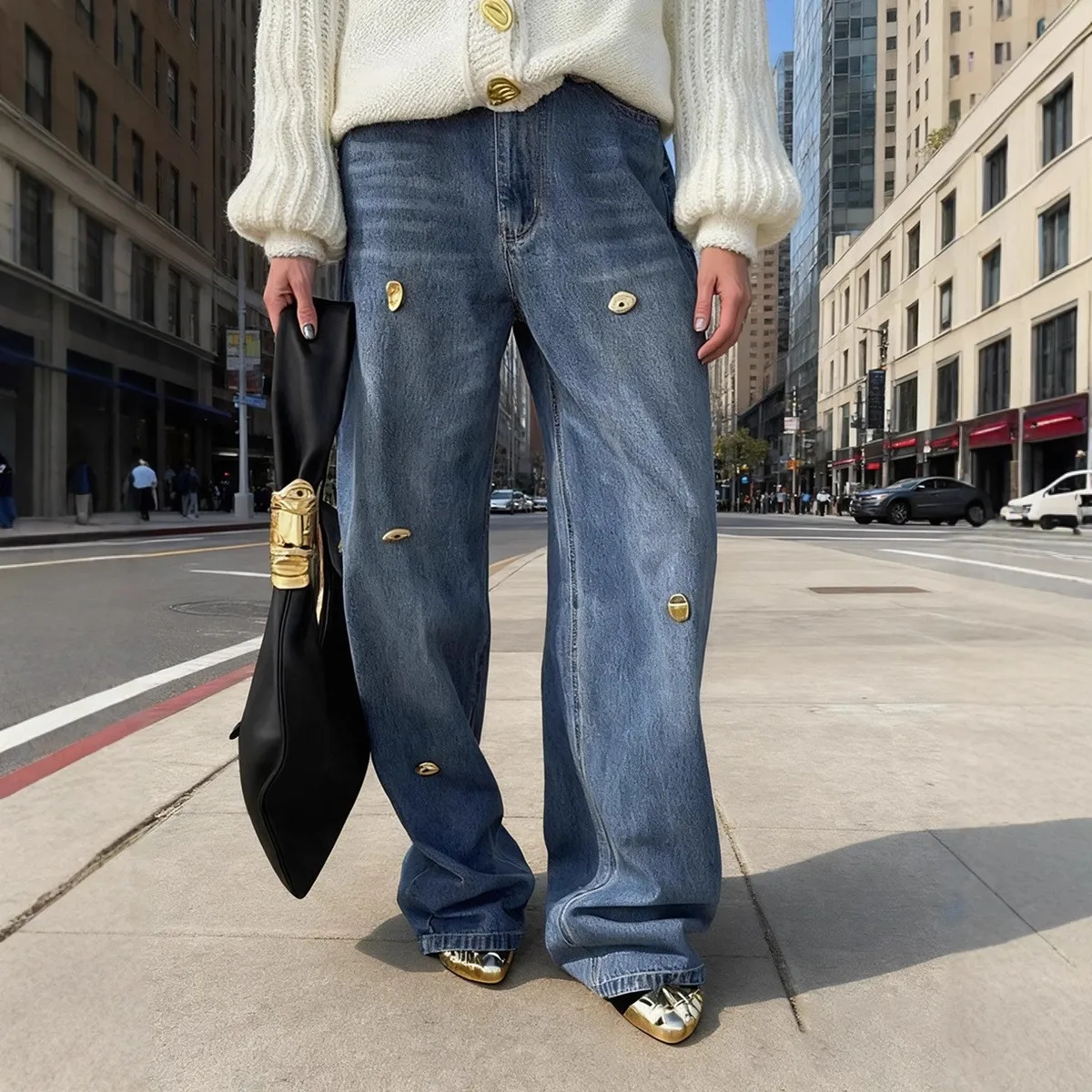 هاي ستريت النمط الفرنسي المعدني المزخرف الجينز السراويل الطويلة النساء خريف 2025 جديد ريترو فضفاض ومتعدد الاستخدامات الدينيم السراويل #3